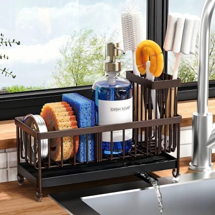 Cisily Brown Sponge Holder for Kitchen Sink, Sink Caddy Organizer with High Brus
