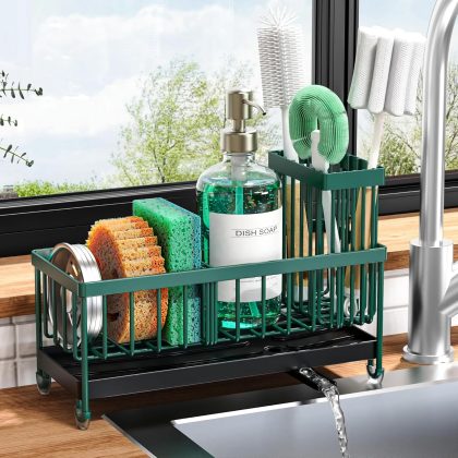 Cisily Sponge Holder for Kitchen Sink, Sink Caddy Organizer with High Brush Hold