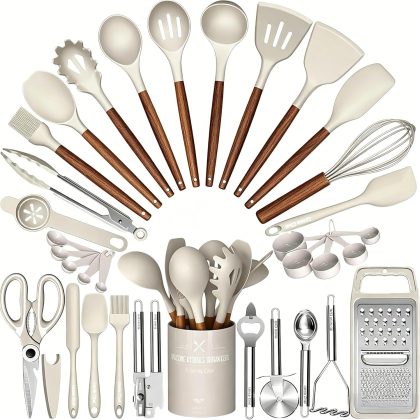 Umite Chef Cooking Utensils Set- Khaki Silicone Kitchen Utensils Set, 34PCS Heat